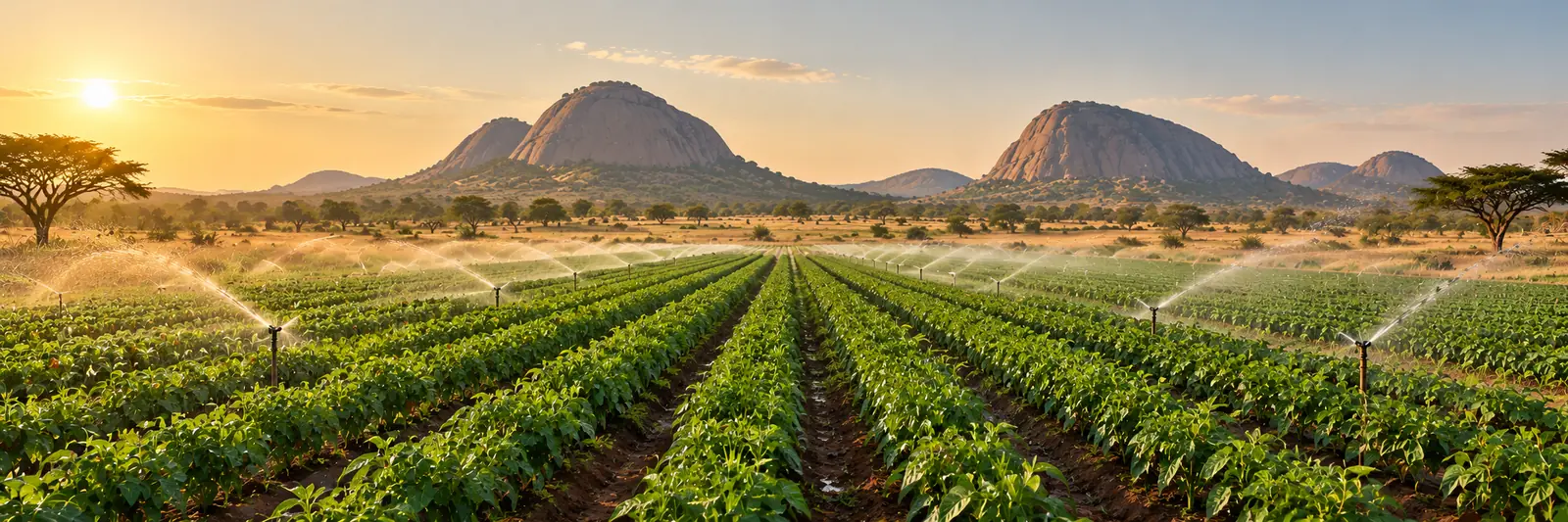 AI-generated image of a dry-season crop field under sprinkler irrigation
