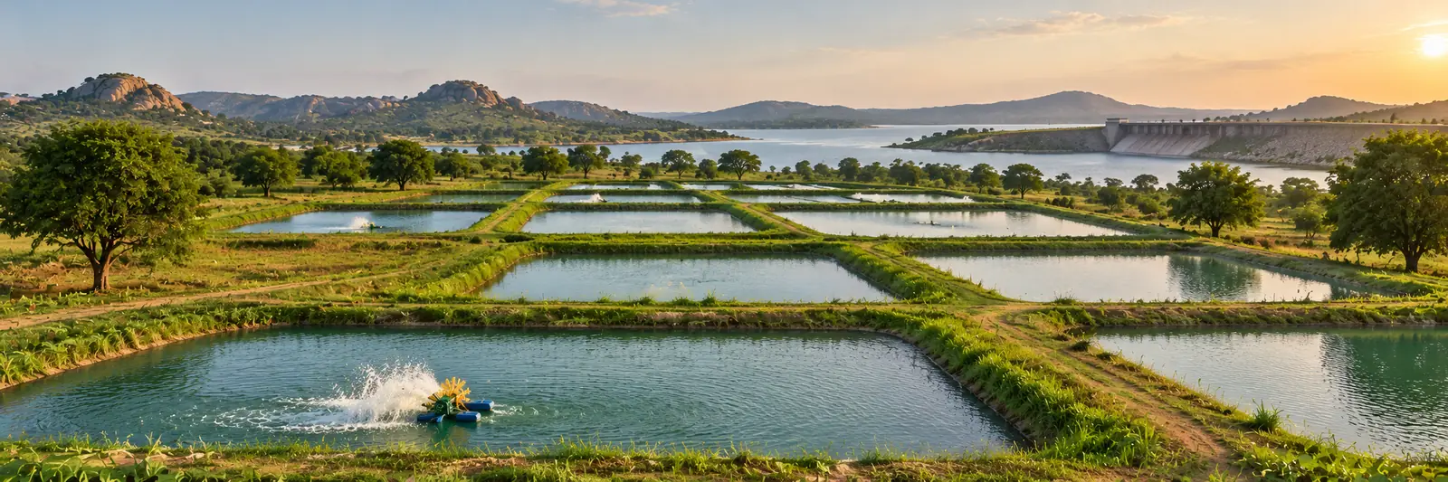 AI-generated image of earthen fish ponds with an aerator, below a dam