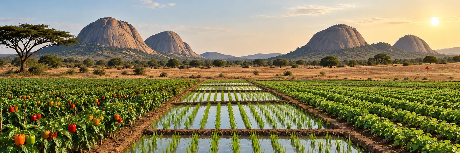 AI-generated image of savanna farmland with granite hills: pepper rows, flooded rice paddies and green crop rows