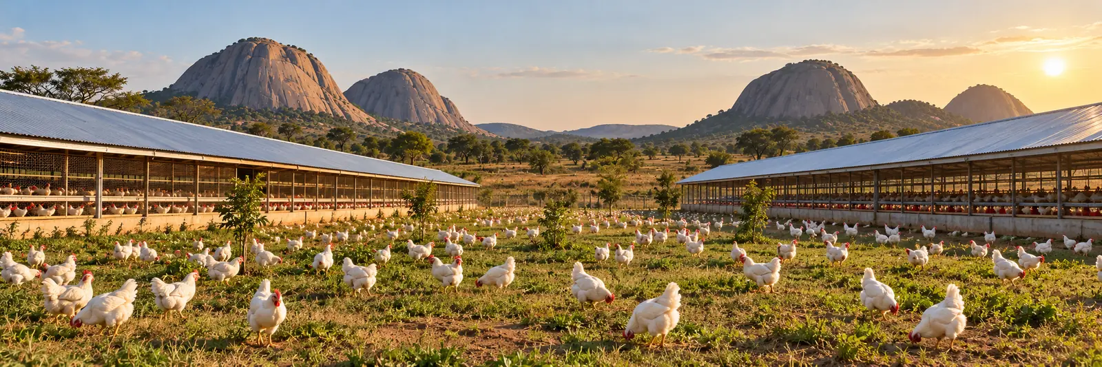 AI-generated image of poultry houses with hens outside