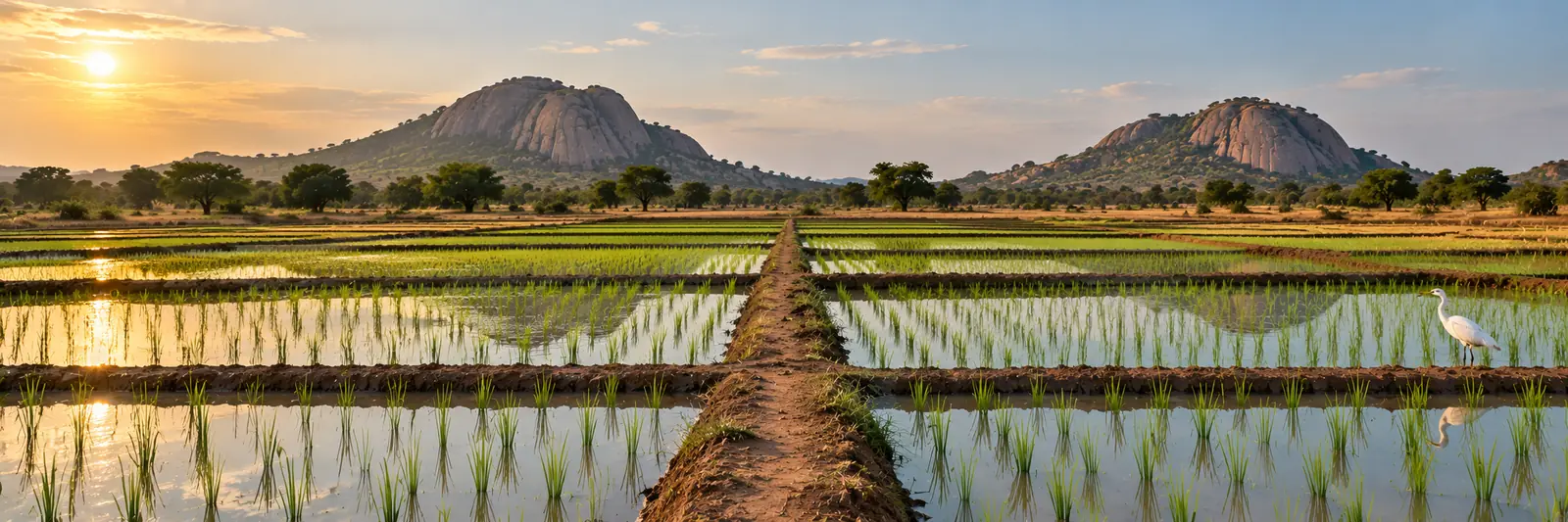 AI-generated image of flooded rice paddies with young seedlings and granite hills behind