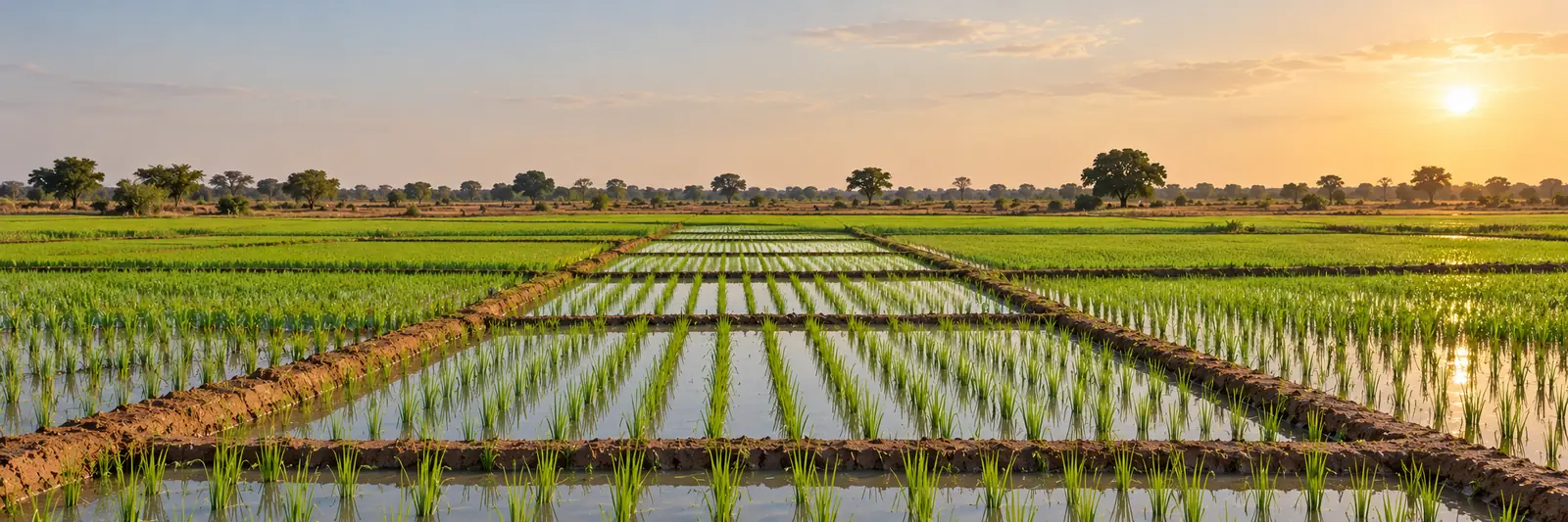 AI-generated image of flooded rice paddies in a flat river valley