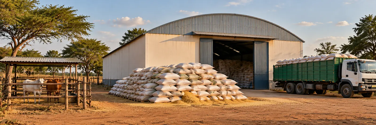 AI-generated image of a warehouse with bags of paddy rice, a truck and a cattle pen