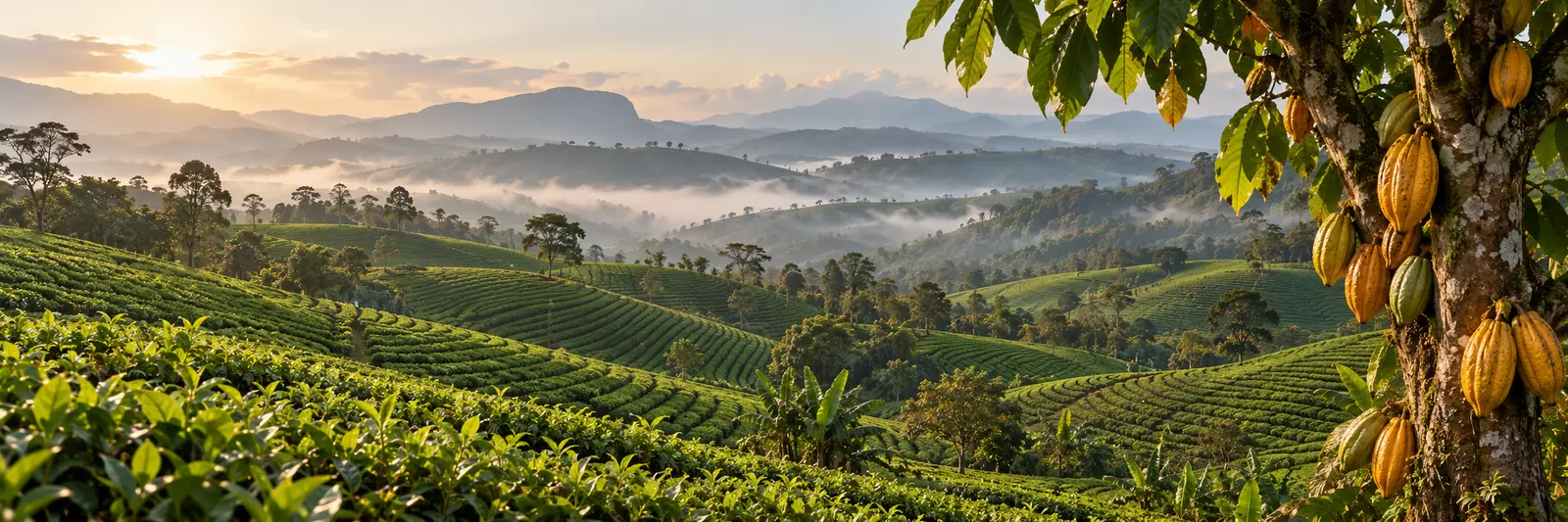 AI-generated image of tea rows on misty hills with a cocoa tree